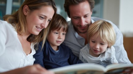 Family enjoys cozy moment together, reading book and sharing smiles. children are engaged and curious, creating warm atmosphere of love and togetherness