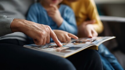 Sharing book family interaction fingers pointing close up joyful moment children engaged reading together cozy atmosphere bonding time storytelling