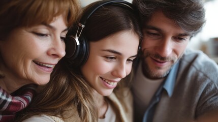 Sharing joyful moment, family enjoys music together while using headphones. close up captures their smiles and connection, highlighting warmth of family bonds