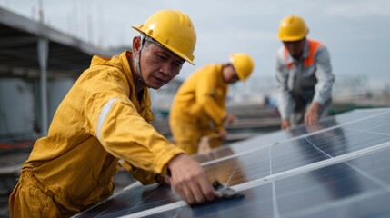 Workers installing solar panels on factory roof, showcasing teamwork and dedication to renewable energy. scene captures importance of sustainable practices in modern industry