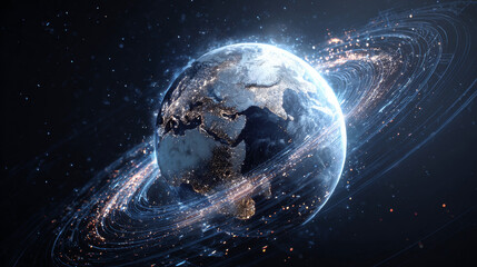 Hologram of futuristic planet Earth with digital glowing map of dots. Hi-tech HUD circles. Abstract rings in the orbit with stars on dark background. Global communication system. Vector. EPS 10