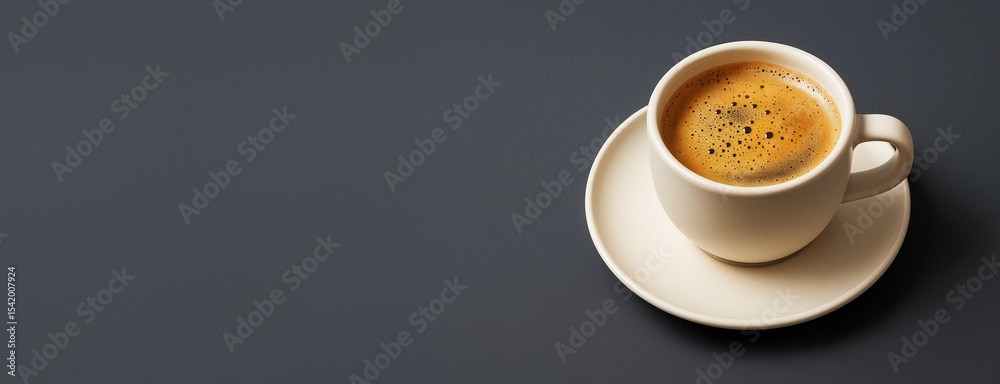 Poster Cup of espresso coffee on saucer placed on dark background with empty copy space for advertising or template use in clean modern design concept.