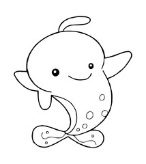 A line art drawing of a cartoon narwhal with large head small fins patterned body and wide smile