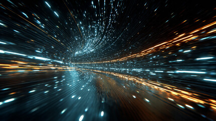 Cyber square tunnel consisting of moving glowing points. Futuristic infinite space background. Concept of data transfer in cyberspace. Hi-tech illustration. Vector illustration.
