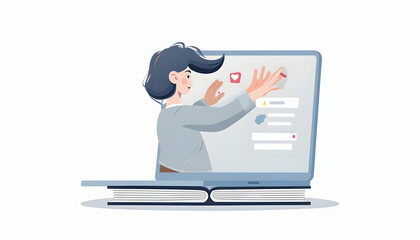 Woman Interacting with a Laptop Display on a Book