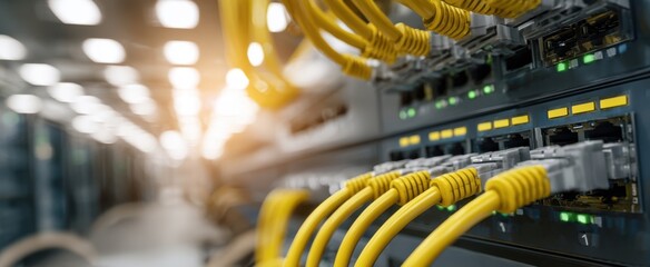 The server rack with yellow Ethernet cables interconnected for optimal data flow.
