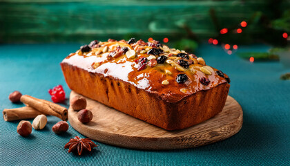 a beautifully glazed loaf of fruit bread topped with nuts is presented on a wooden board