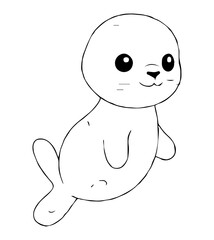 A line drawing of a baby seal facing right with big eyes and a happy smile