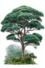Tropical Rainforest Tree Cutout - Isolated Tall Green Tree on White Background, No Shadow, High-Res Natural Branches & Crown Display