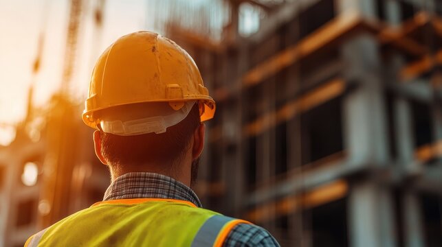 A construction worker in a hard hat and safety vest stands thoughtfully at a building site, reflecting on the progress of the construction and future possibilities for the project.
