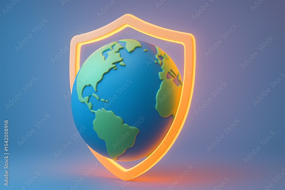 Poster globe with shield symbolizing protection and security in digital era