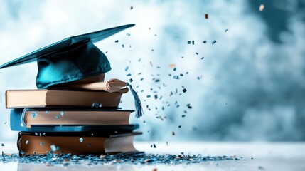 A symbolic representation of education featuring a graduation cap resting atop a stack of books, surrounded by confetti, highlighting the achievement and aspirations for the future.