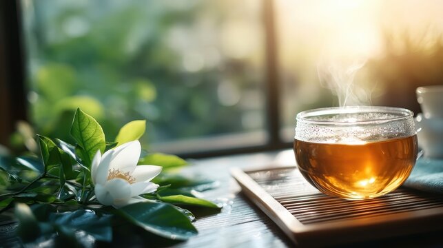 A calming scene featuring a steaming cup of herbal tea beside fresh greenery and a flower, embodying tranquility and the joy of simple pleasures in everyday life.
