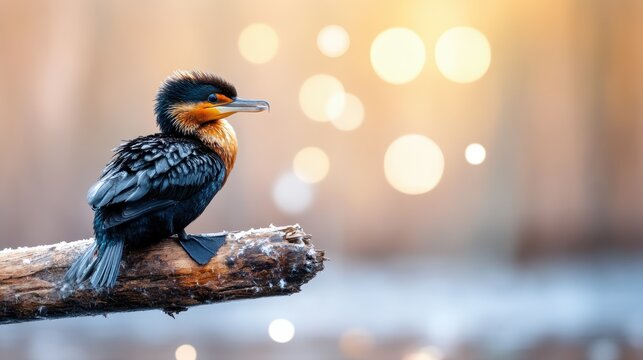 A striking cormorant sits elegantly on a log above shimmering waters, showcasing nature's beauty and the essence of wildlife in a captivating, tranquil setting at dawn.
