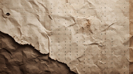 Black dusty textured background, sheets of crumpled checkered, dotted, craft paper. Noisy gritty dot halftone effect, retro banner in grunge style, overlay. Torn out notebook pages.