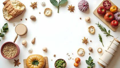 Assortment of Fresh Ingredients on a White Background Overhead View