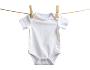 Hanging Baby Bodysuit with Clothes Pins on String, isolated on transparent background.