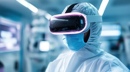 A professional wearing virtual reality gear in a sterile environment, symbolizing innovation in technology and healthcare with a focus on safety and advanced advancements in experiences.