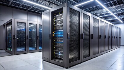  Industrial-Grade Server Room Featuring Backup Power Units, Precision Cooling Systems, Server Racks, Exposed Power Cables, and Ventilation Infrastructure