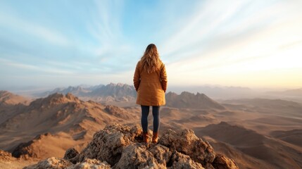 Fototapeta premium A silhouette of a woman standing atop a mountain, gazing at the breathtaking sunset landscape filled with rolling hills and mountains, evoking a sense of awe and tranquility in nature's beauty.