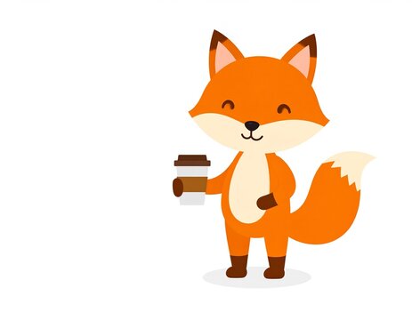 Smiling cartoon fox holding a steaming coffee cup, sitting with tail curled on a white background.
