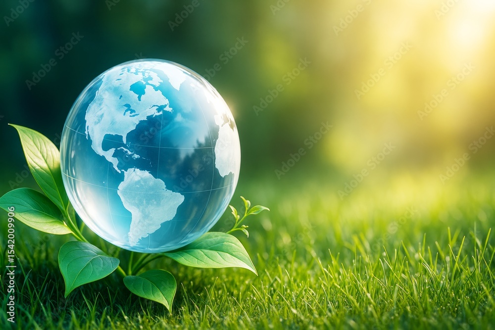 Poster transparent globe resting on green leaves in natural environment with soft sunlight and blurred back
