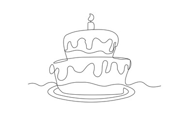 Continuous line of creamy sweet birthday cake with candle and topping. Traditional birthday bakery dessert for party. Editable stroke sketch drawing vector illustration