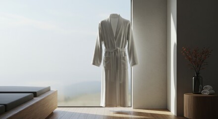 Luxurious white bathrobe hanging by the window with natural light  
