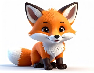 Obraz premium Cartoon baby fox with blushing cheeks and tiny paws, looking up curiously, white background.
