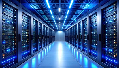  Industrial-Grade Server Room Featuring Backup Power Units, Precision Cooling Systems, Server Racks, Exposed Power Cables, and Ventilation Infrastructure