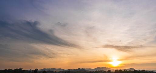 View of mountains landscape , Sunset sky and wide in the evening with goldren hour sky background, Horizon sky clouds mountain view