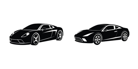 Obraz premium Modern Flat Artwork of a Sleek Sports Car Sliding in Three-Quarter Front View Silhouette on White Background