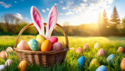 easter basket with colorful eggs and bunny ears in a sunny spring fieldmperfect for festive and seasonal backdrops