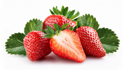 fresh whole and sliced strawberries isolated on white background juicy red fruit composition for dessert or health concept