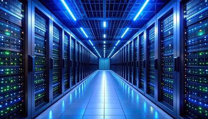 Industrial-Grade Server Room Featuring Backup Power Units, Precision Cooling Systems, Server Racks, Exposed Power Cables, and Ventilation Infrastructure