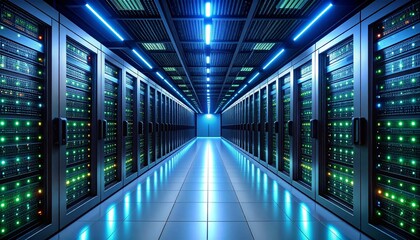 Obraz premium Industrial-Grade Server Room Featuring Backup Power Units, Precision Cooling Systems, Server Racks, Exposed Power Cables, and Ventilation Infrastructure