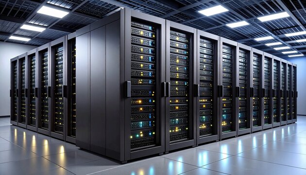 Industrial-Grade Server Room Featuring Backup Power Units, Precision Cooling Systems, Server Racks, Exposed Power Cables, and Ventilation Infrastructure - Powered by Adobe