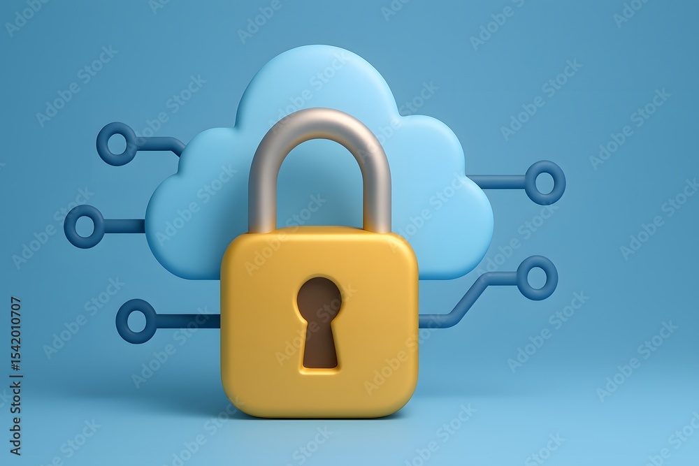 Poster cloud security concept with padlock and digital connectivity elements