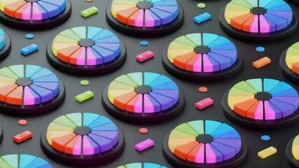 Vibrant pie charts spinning dynamically, revealing data insights against sleek black backdrop. - Powered by Adobe