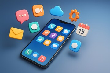 Modern Smartphone Surrounded by Colorful App Icons on Blue Background