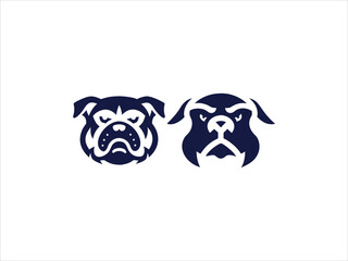 Two Dark Blue Bulldog Head Vector Illustrations Side by Side White Background heads face