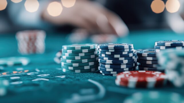A vibrant arrangement of poker chips, showcasing a variety of colors and denominations, captures the exhilarating atmosphere of a casino environment filled with excitement.