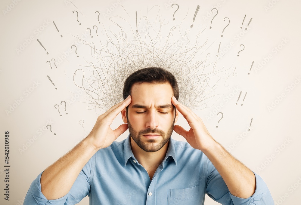 Aufkleber Stressed man touching temples with chaotic lines and symbols around head on light background, symbolizing confusion and mental overload. Ai generative.