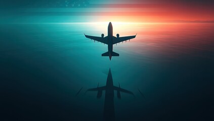 Airplane Flying Over Ocean at Sunset