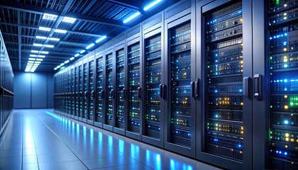  Industrial-Grade Server Room Featuring Backup Power Units, Precision Cooling Systems, Server Racks, Exposed Power Cables, and Ventilation Infrastructure