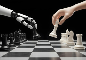 Chess duel between human and AI robot representing strategic technological rivalry AI Agent AGI ASI