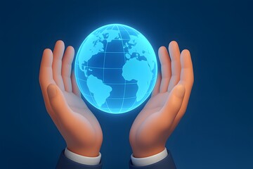 Hands Holding Glowing Earth Globe with Blue Background Design