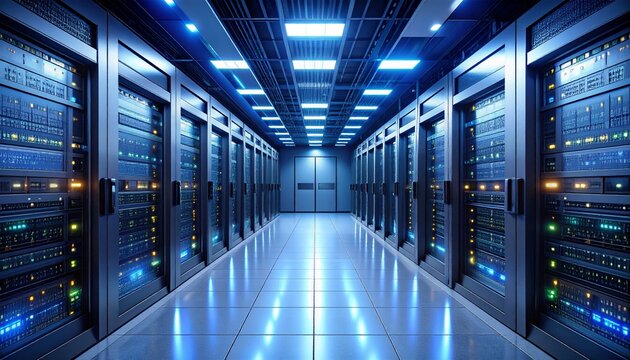 Industrial-Grade Server Room Featuring Backup Power Units, Precision Cooling Systems, Server Racks, Exposed Power Cables, and Ventilation Infrastructure