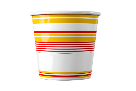 White instant noodles cup with yellow and red stripes, isolated on a transparent background, ready for customization