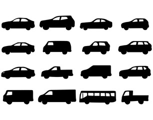 Collection of silhouette vehicles cars vans trucks and bus for transportation and automotive industry use